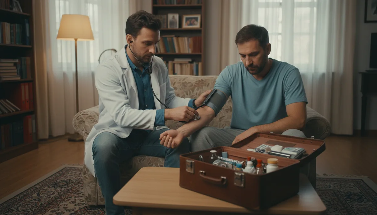 Врач-нарколог измеряет артериальное давление пациенту, домашняя обстановка, медицинский чемодан